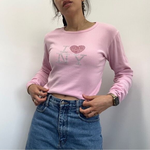 Y2K Pink Crew Neck “I ❤️ NY” Jewel Embellished Long Sleeve Tee Size L - Picture 1 of 8